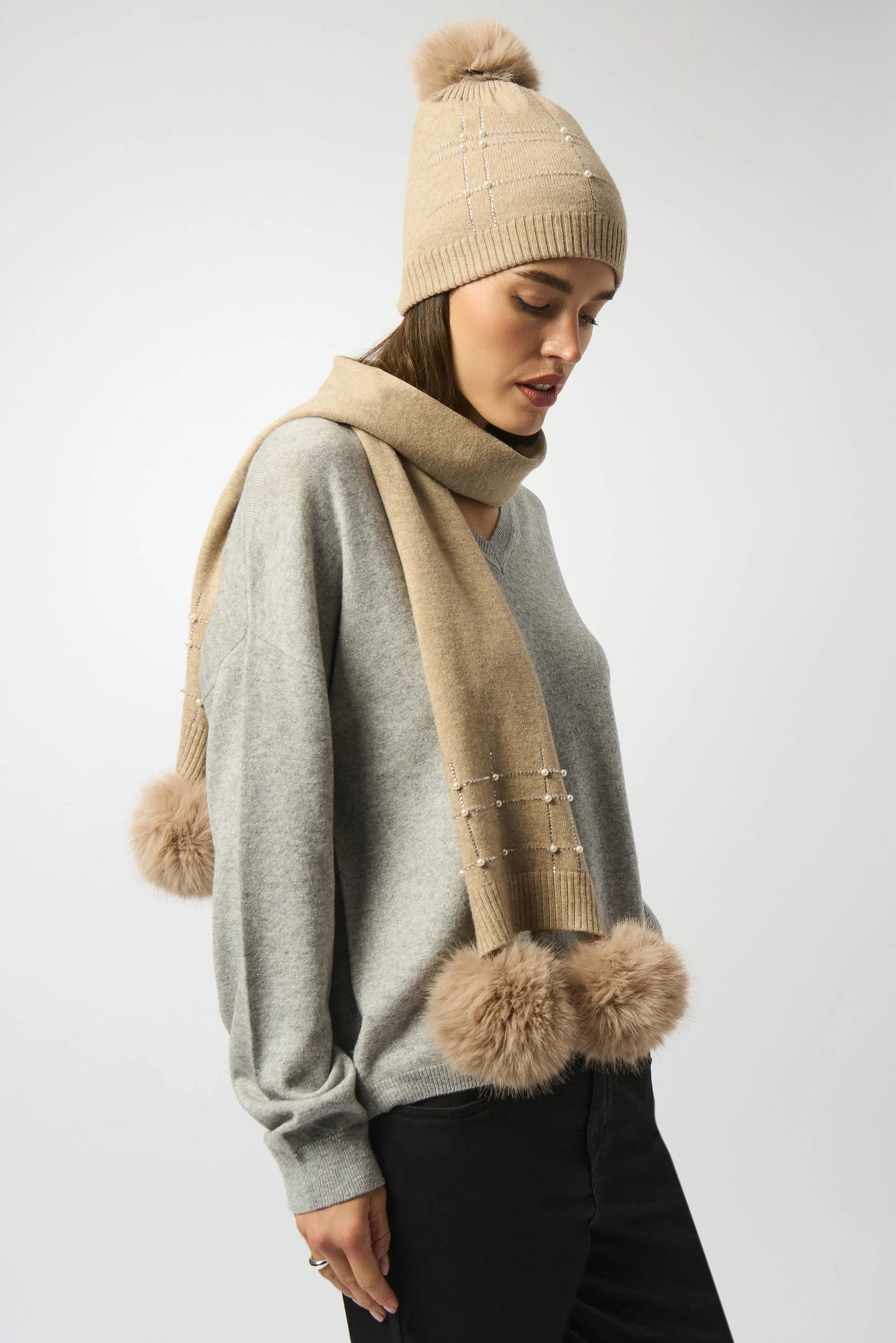Joseph Ribkoff Knitted Faux Fur Pompom Scarf 253970