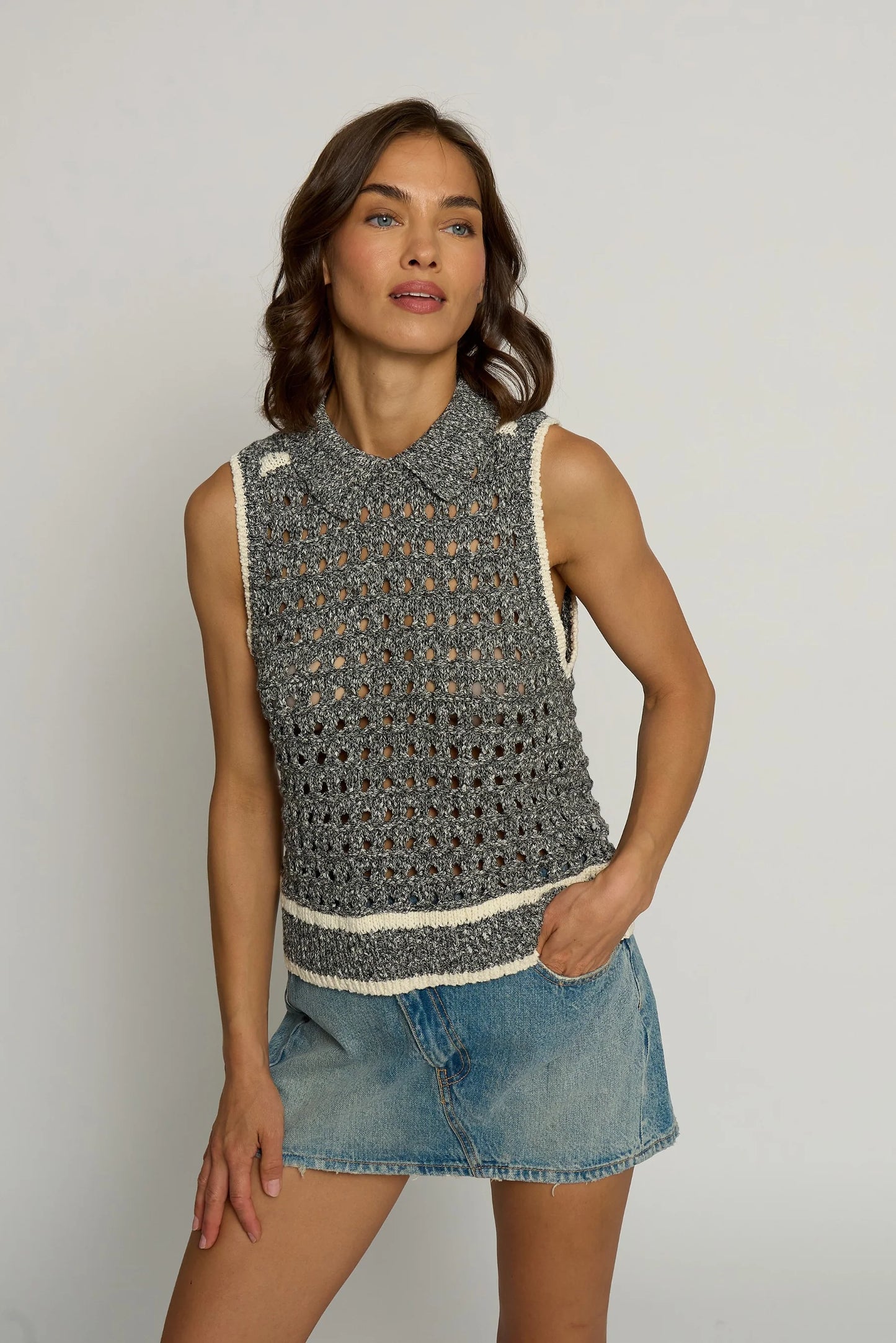 Central Park West Sleeveless Cropped Open Stitch Sweater