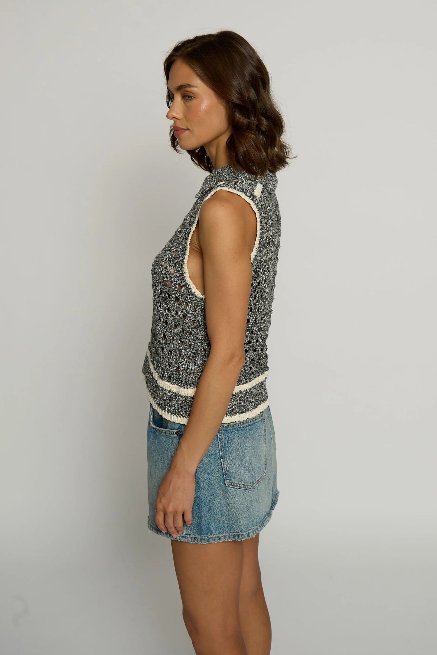 Central Park West Sleeveless Cropped Open Stitch Sweater