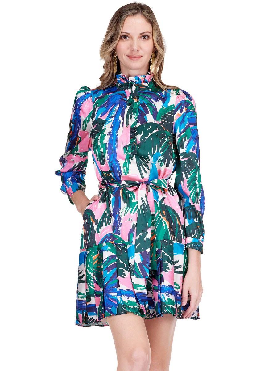 Jade Painted Palms Pleated Flounce Dress