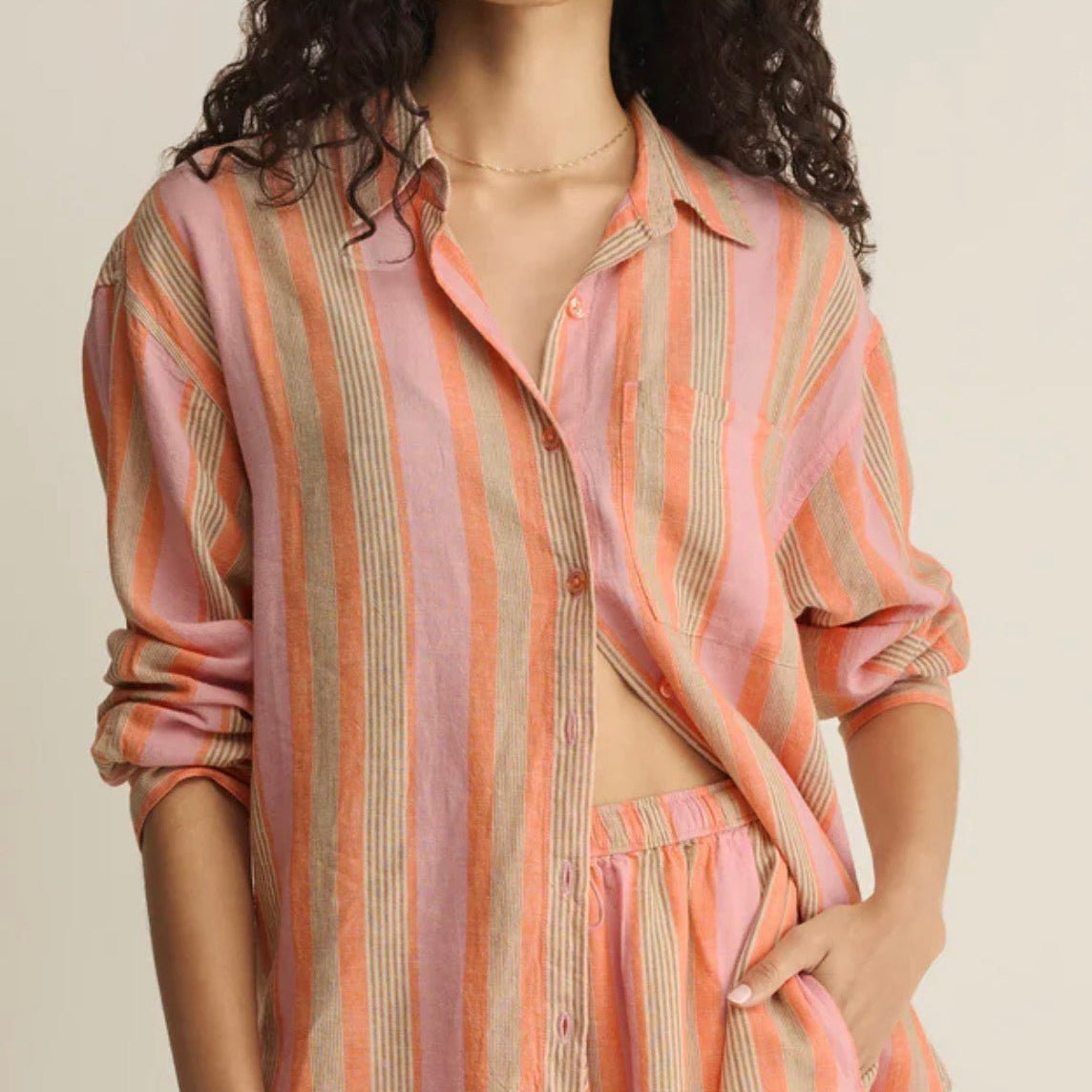Z Supply Perfect Striped Button Up in Tiger Lily