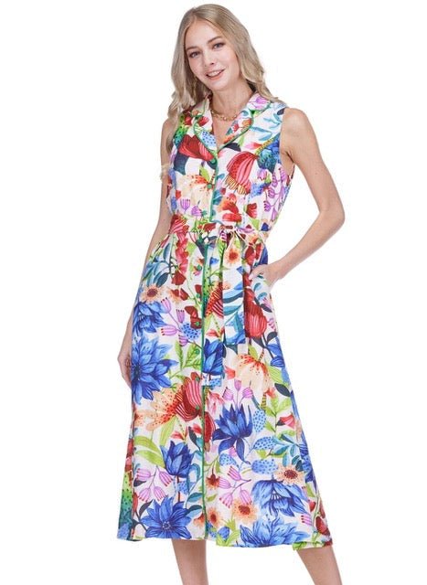 Jade Trimmed Button Flared Dress in Wild Botanica