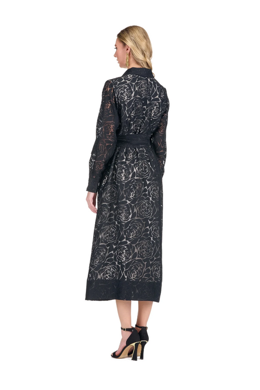 Jade Pleated Waist Black Burnout Pattern Shirtdress