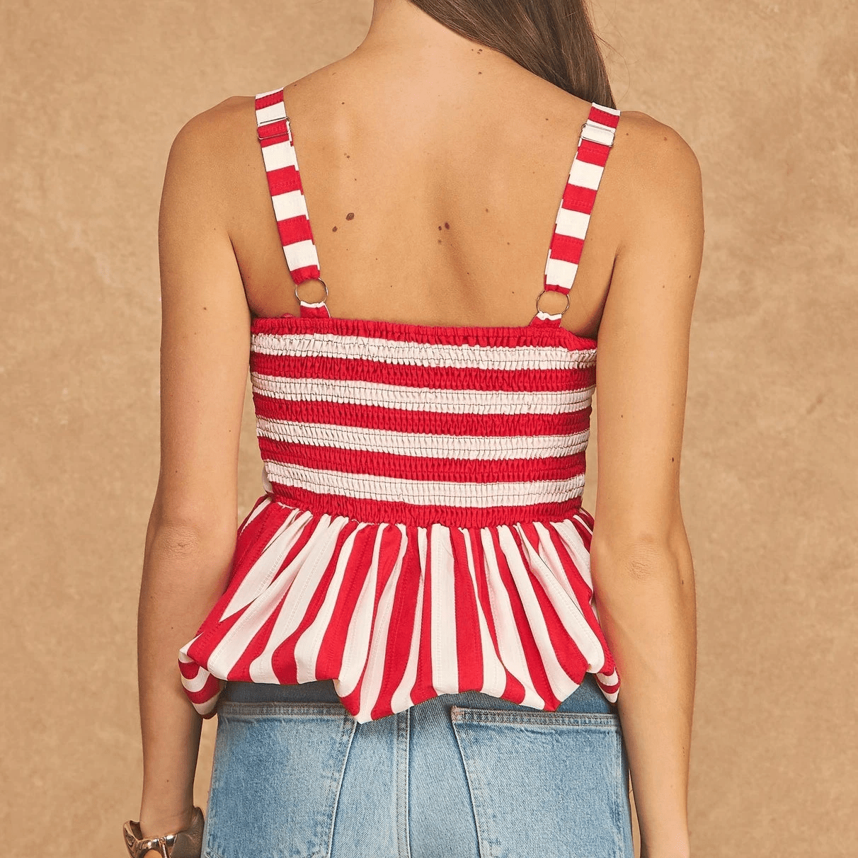 Smocked Striped Bubble Peplum Tank Top
