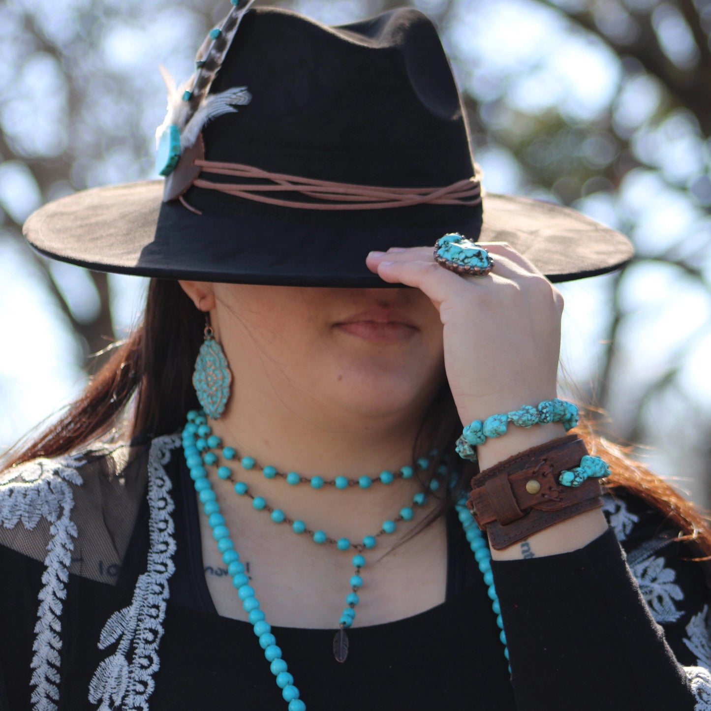 Double Strand Lariat Turquoise Necklace w/Feather