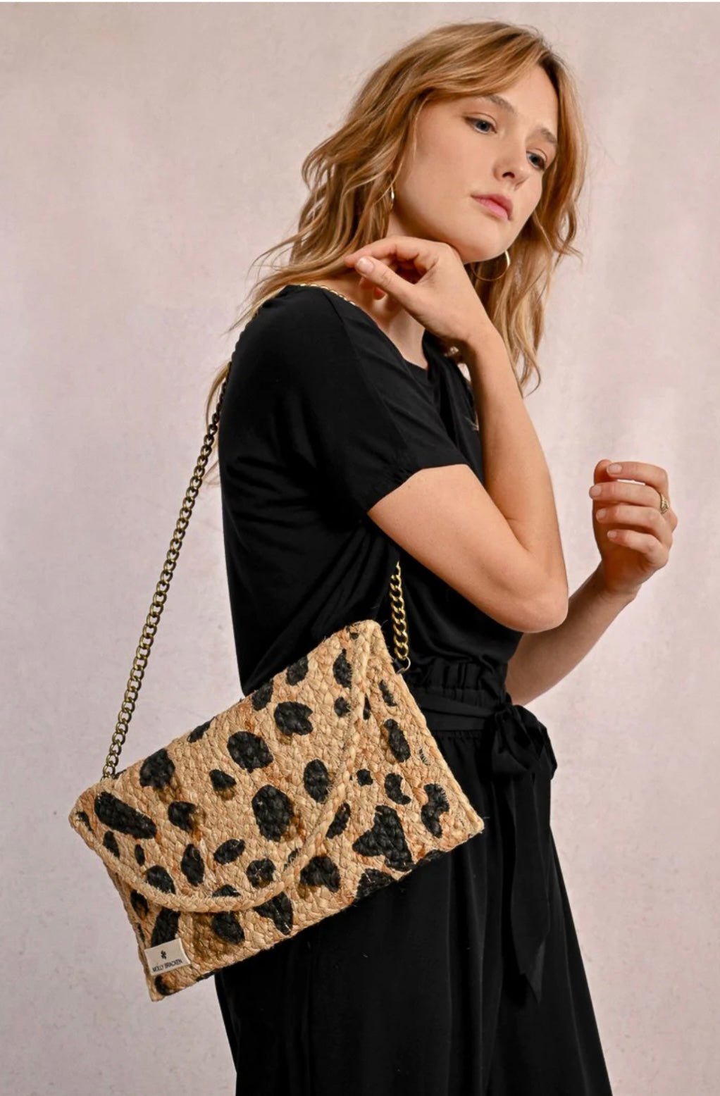 Molly Bracken Leopard Print Straw Clutch