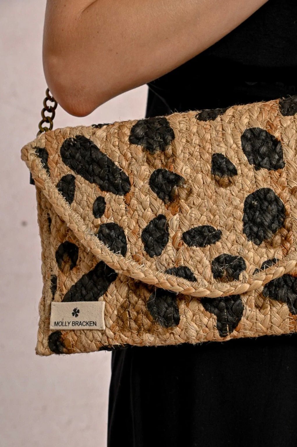 Molly Bracken Leopard Print Straw Clutch