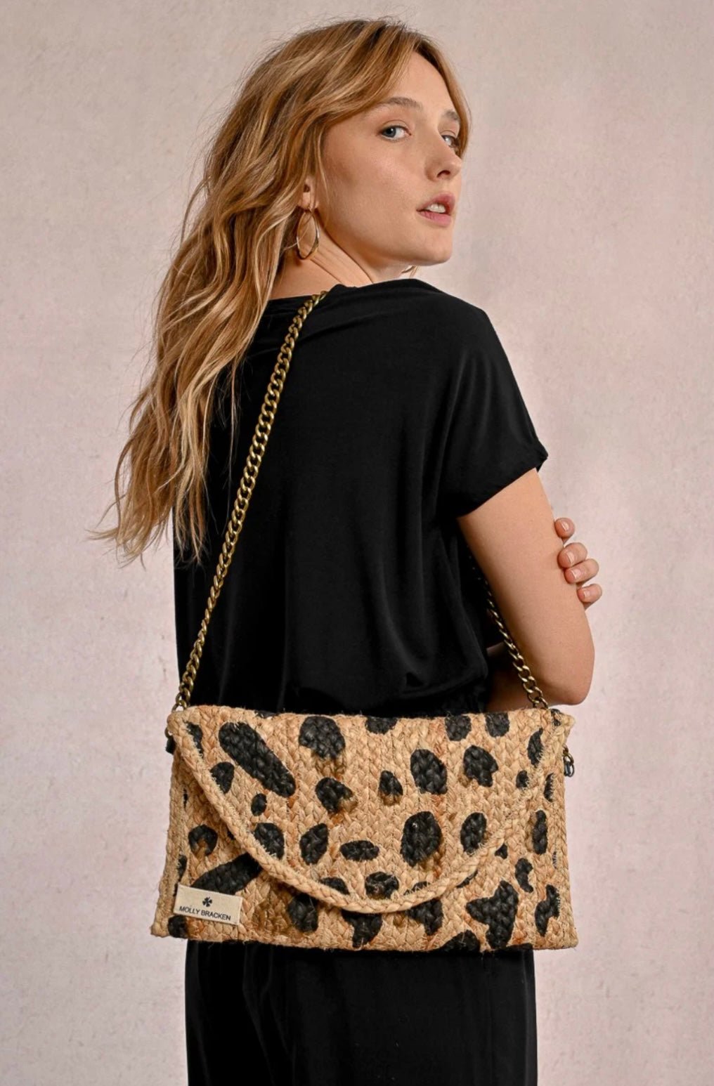 Molly Bracken Leopard Print Straw Clutch