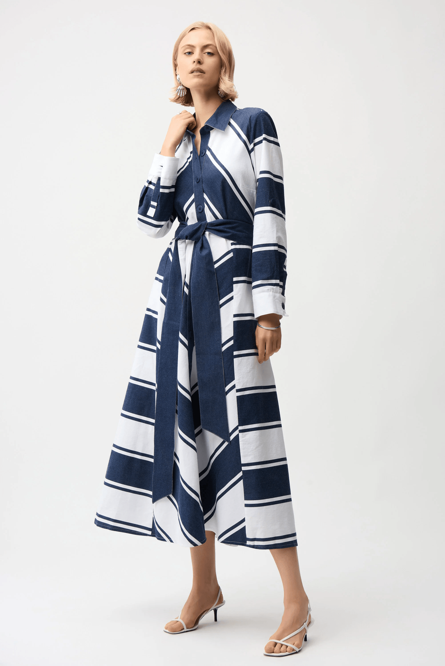 Joseph Ribkoff Cotton Stripe Print Fit & Flare Shirt Dress w/Reversible Sash 261936 Stripe