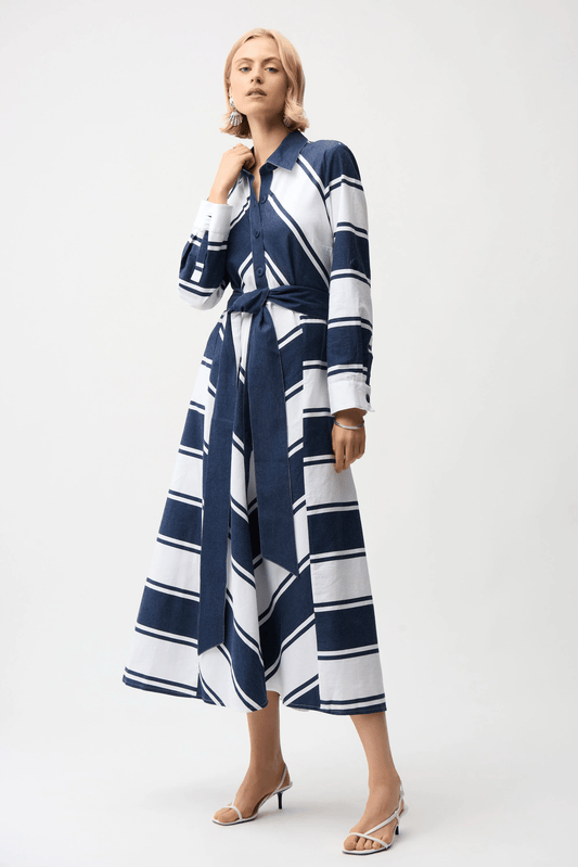Joseph Ribkoff Cotton Stripe Print Fit & Flare Shirt Dress w/Reversible Sash 261936 Stripe