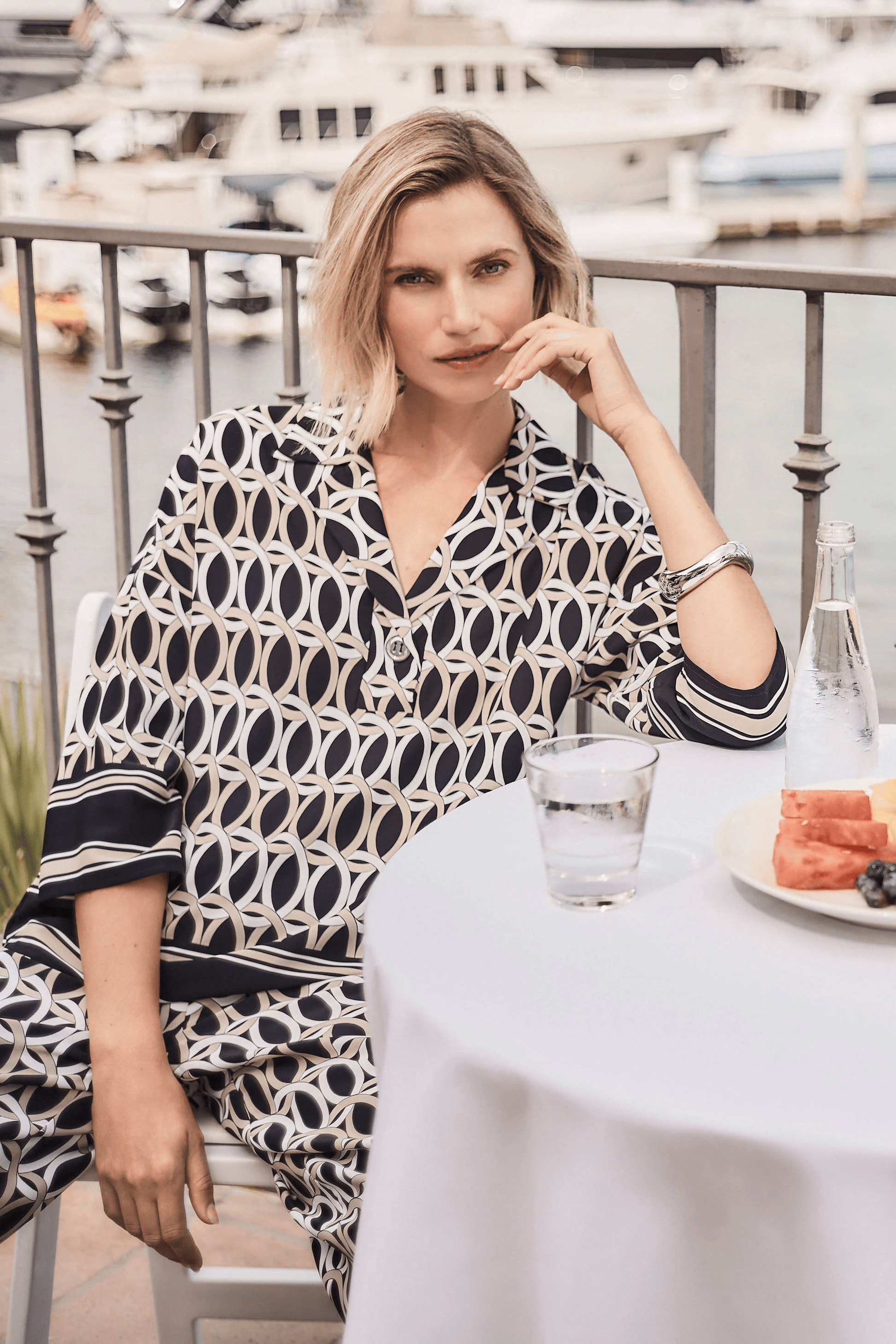 Joseph Ribkoff Recycled Woven Geometric Boxy Top w/ Shirt Collar 261057