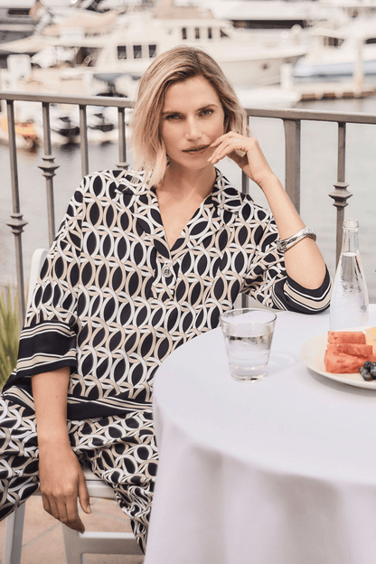 Joseph Ribkoff Recycled Woven Geometric Boxy Top w/ Shirt Collar 261057