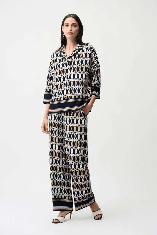 Joseph Ribkoff Recycled Woven Geometric Boxy Top w/ Shirt Collar 261057