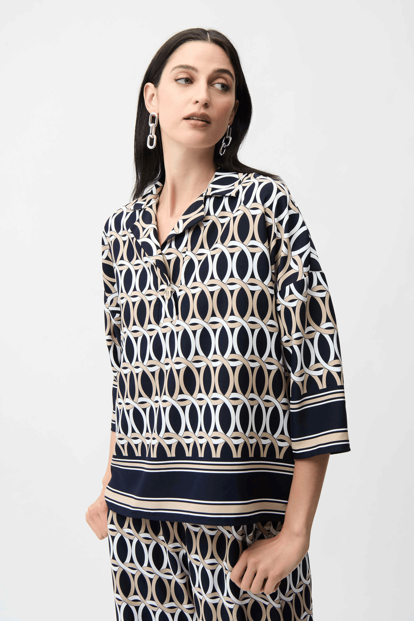 Joseph Ribkoff Recycled Woven Geometric Boxy Top w/ Shirt Collar 261057