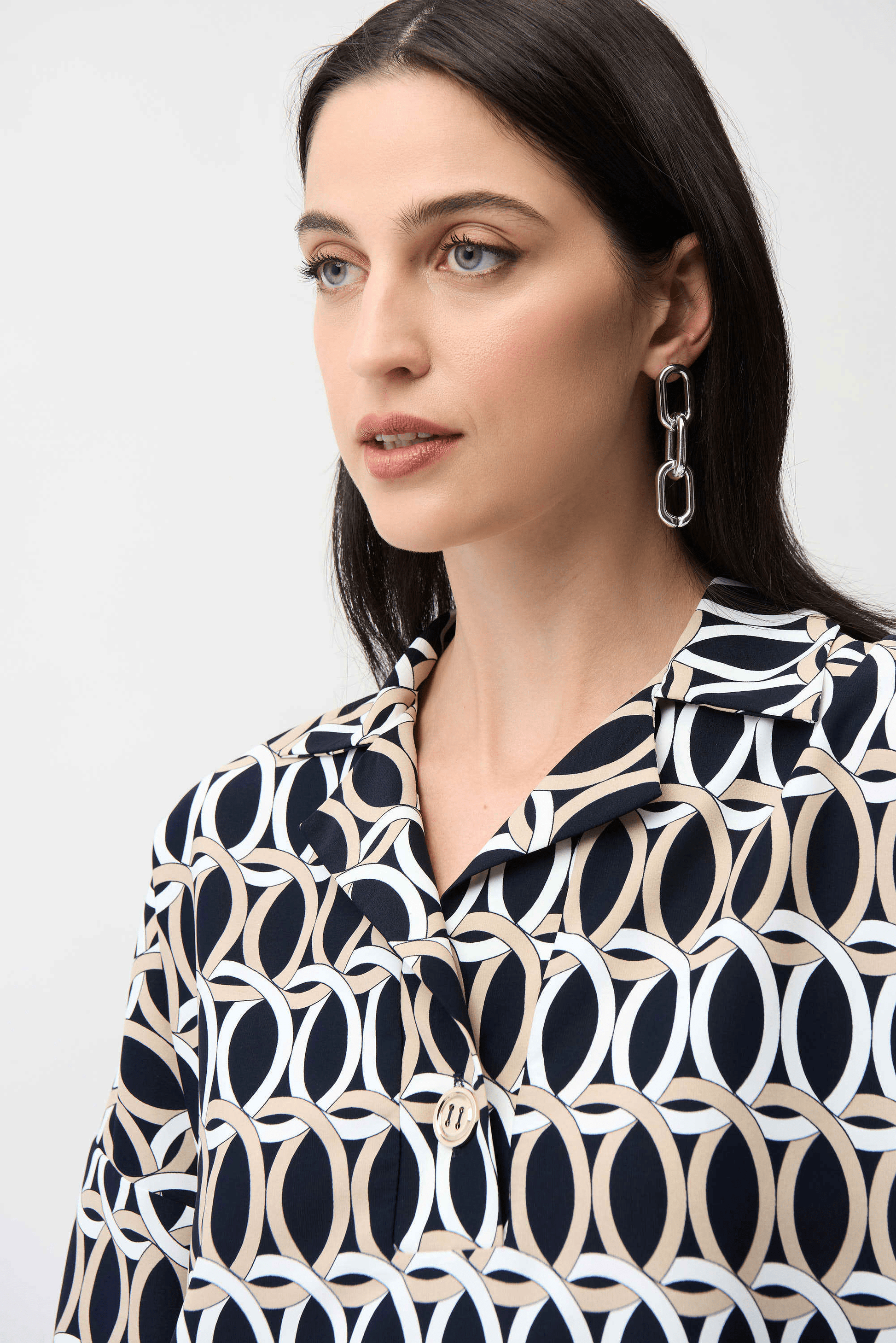 Joseph Ribkoff Recycled Woven Geometric Boxy Top w/ Shirt Collar 261057