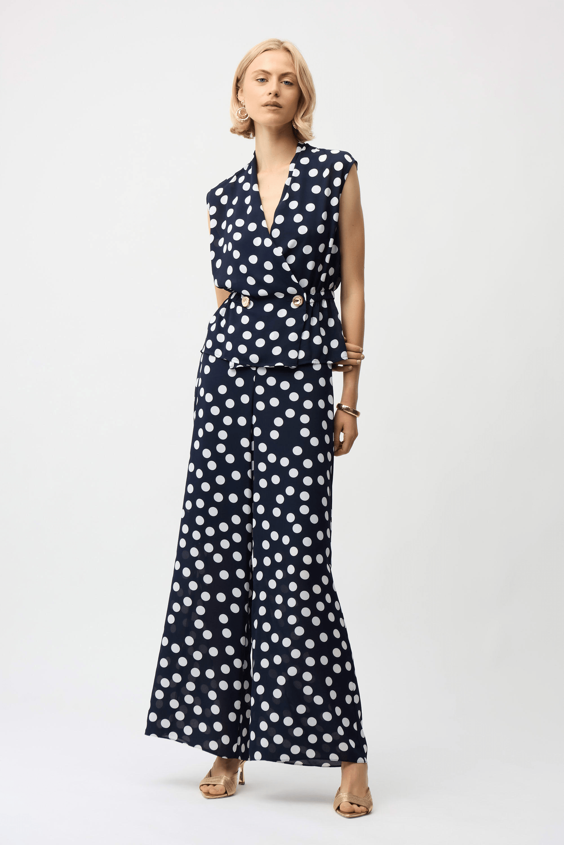 Joseph Ribkoff Georgette Dot Print Wrap Peplum Top with Gold Buttons 261250