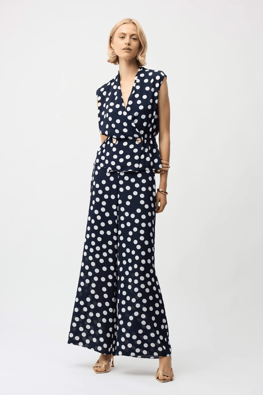 Joseph Ribkoff Georgette Dot Print Wrap Peplum Top with Gold Buttons 261250