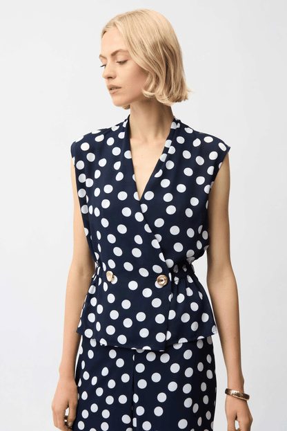 Joseph Ribkoff Georgette Dot Print Wrap Peplum Top with Gold Buttons 261250