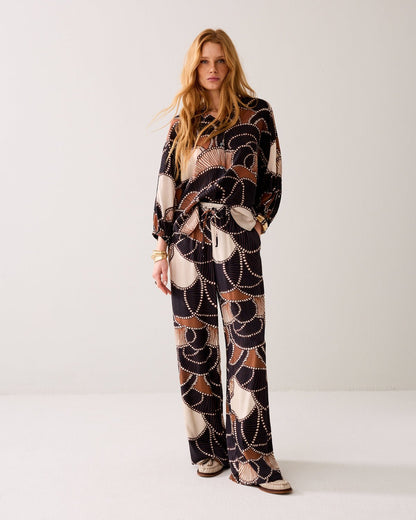 Summum Flowy Twill Satin Trousers w/Multicolor Print
