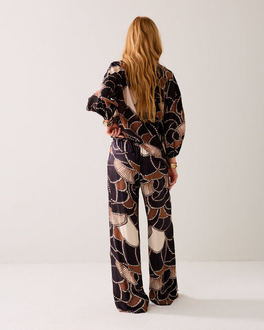 Summum Flowy Twill Satin Trousers w/Multicolor Print
