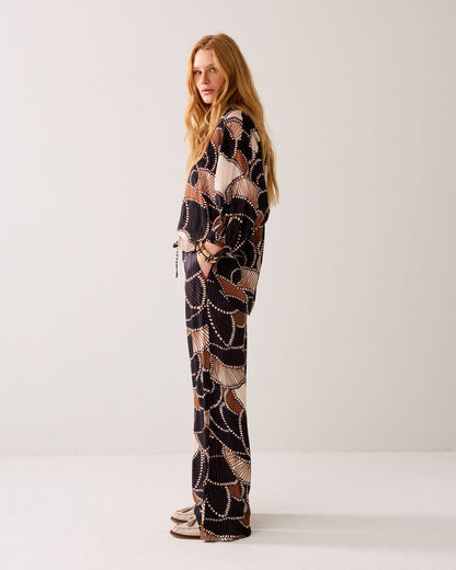 Summum Flowy Twill Satin Trousers w/Multicolor Print