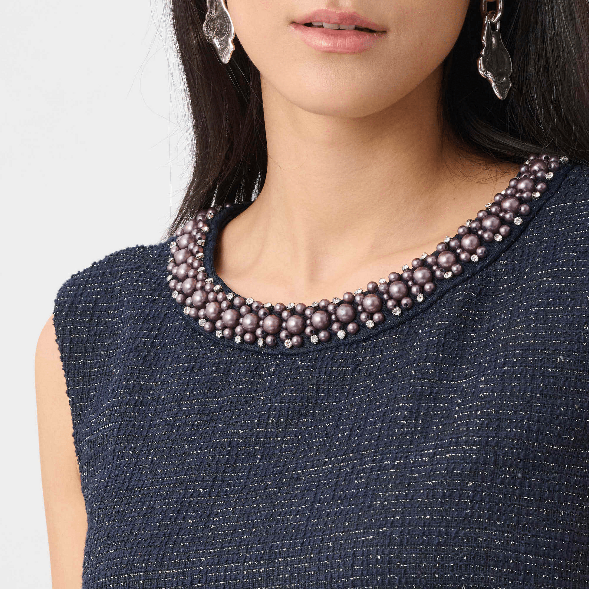 JR Lurex Boucle Flounce Dress w/Pearl Trim 263092