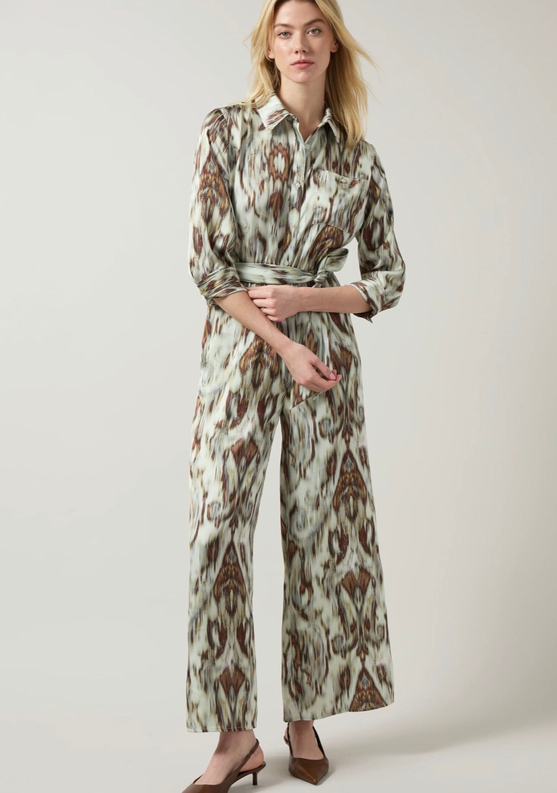 Lysse Dahlia Belted Satin Wide Leg Jumpsuit in Woodland Paisley