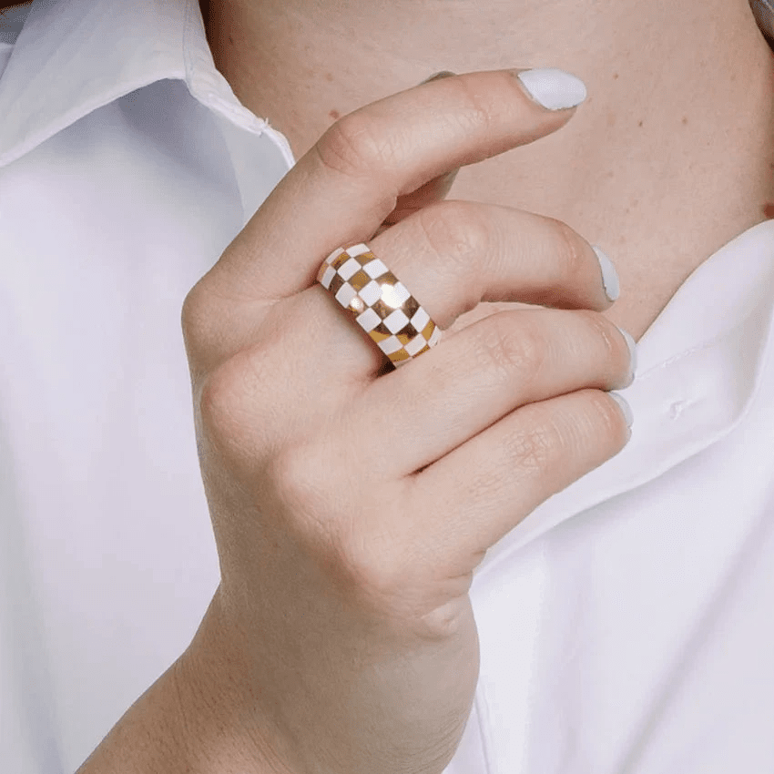 Vincent White & Gold Checkered Ring