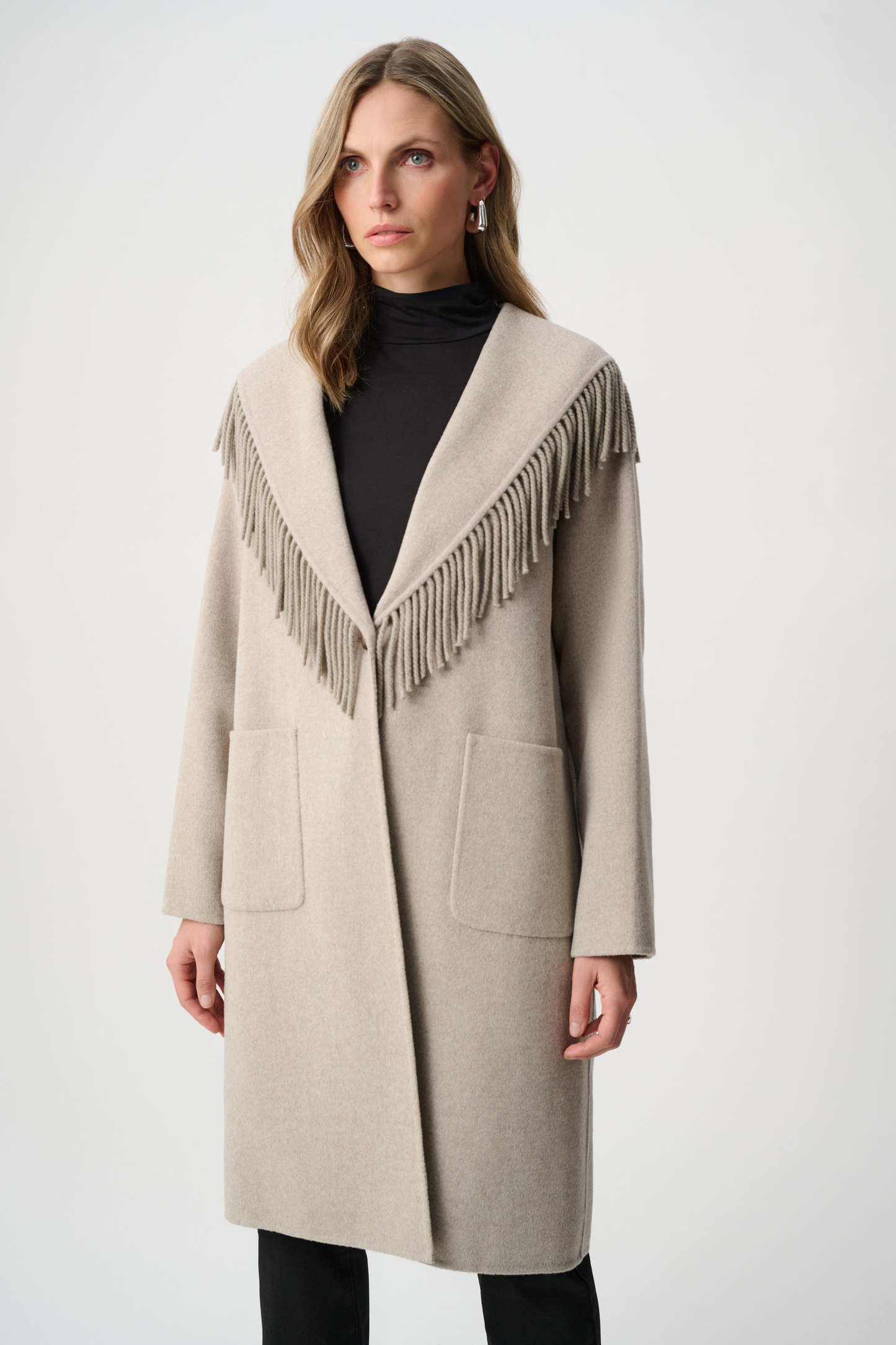 JR Wool Blend Shawl Collar Fringed Coat 263912