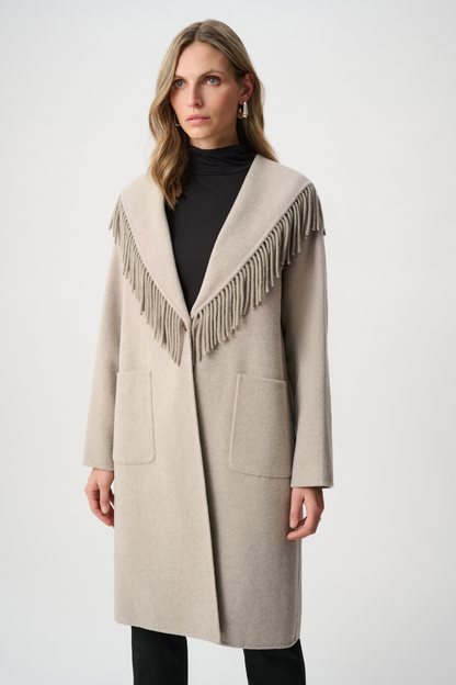 JR Wool Blend Shawl Collar Fringed Coat 263912
