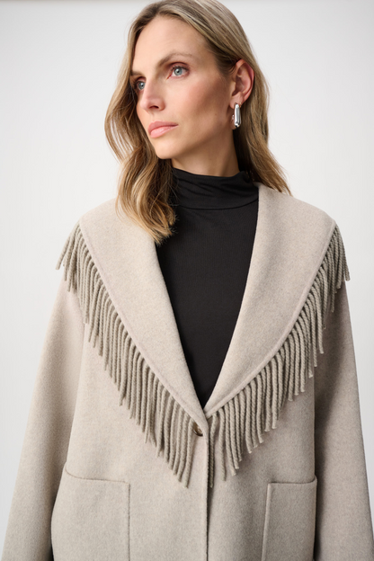 JR Wool Blend Shawl Collar Fringed Coat 263912
