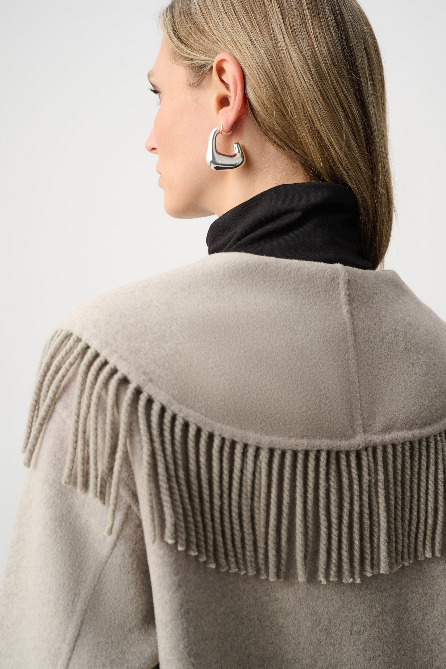 JR Wool Blend Shawl Collar Fringed Coat 263912
