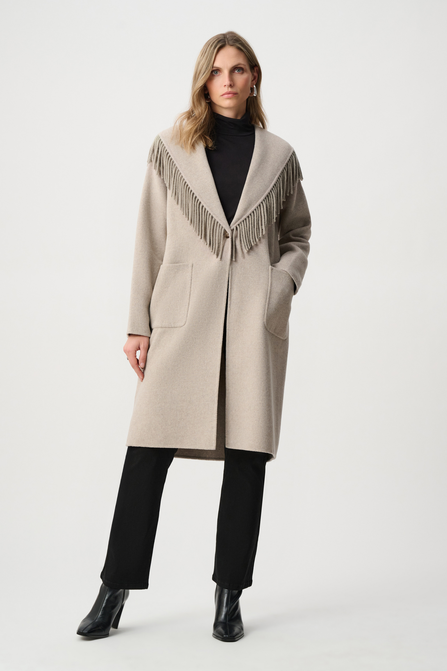 JR Wool Blend Shawl Collar Fringed Coat 263912