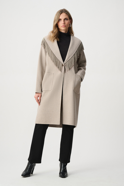 JR Wool Blend Shawl Collar Fringed Coat 263912