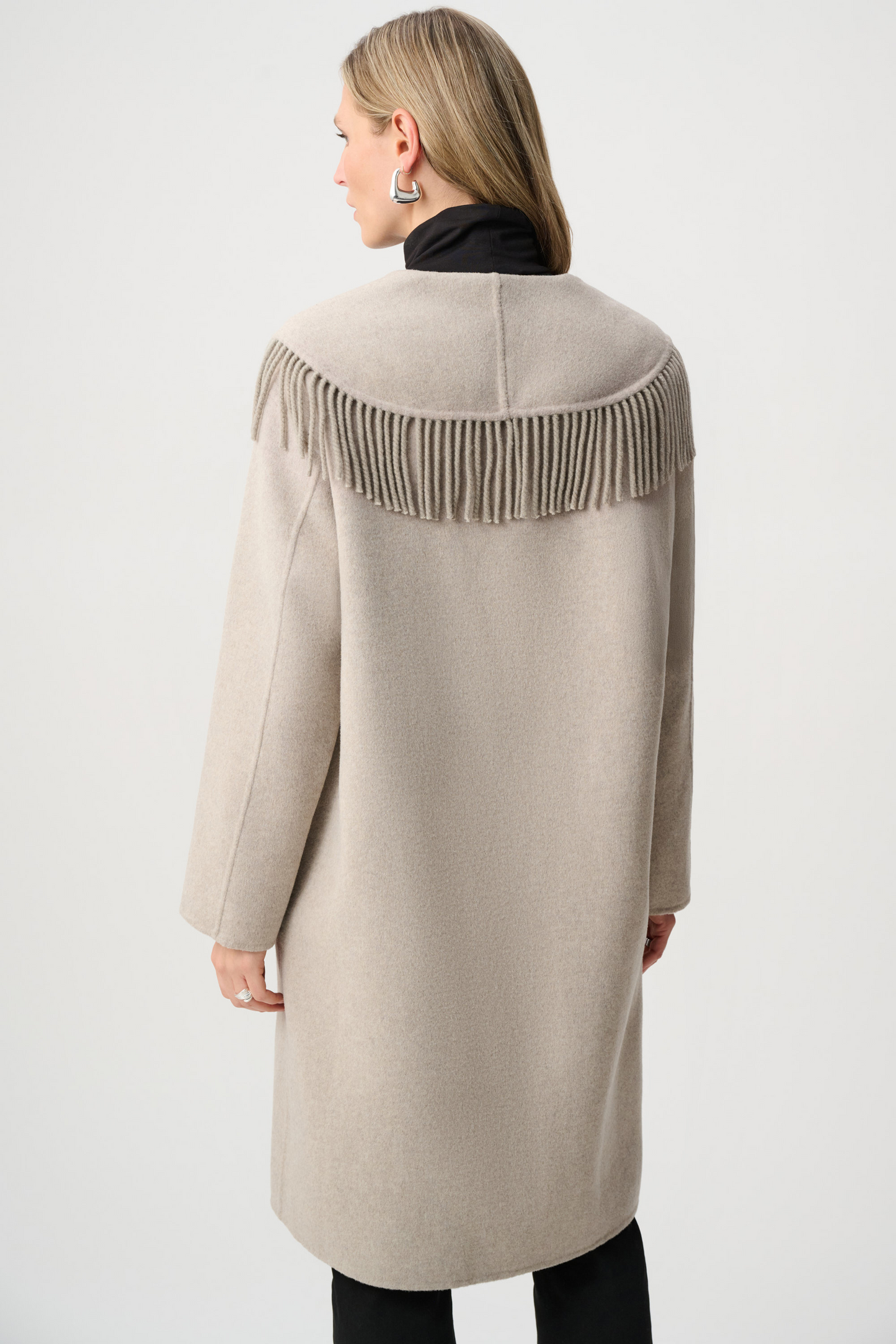 JR Wool Blend Shawl Collar Fringed Coat 263912