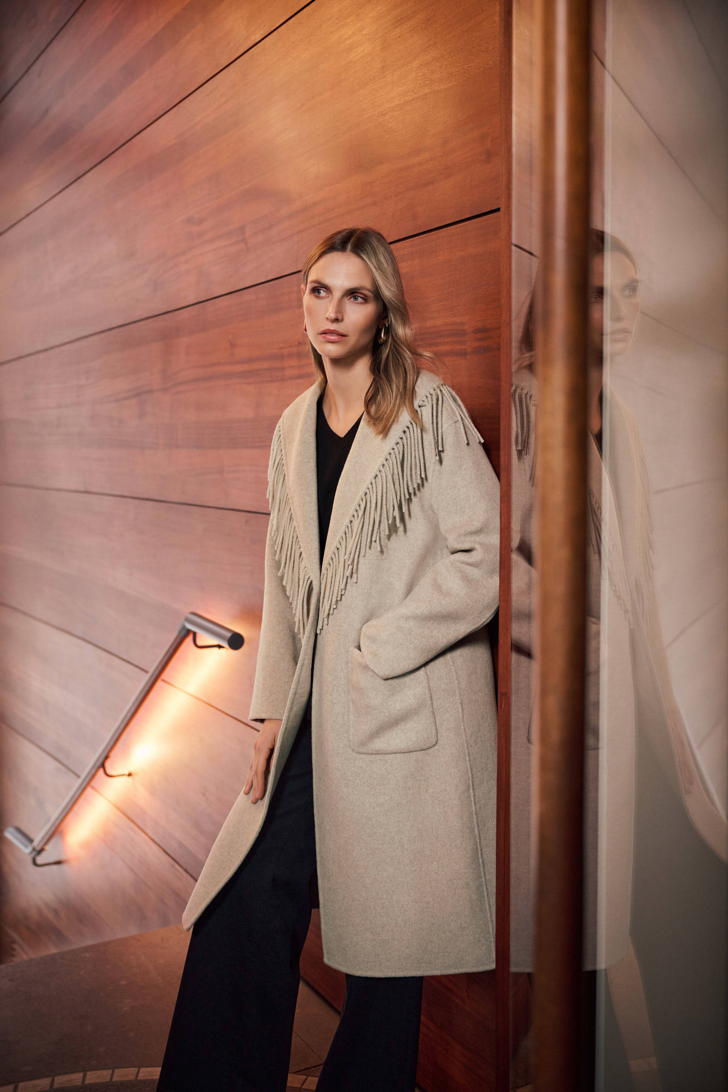 JR Wool Blend Shawl Collar Fringed Coat 263912