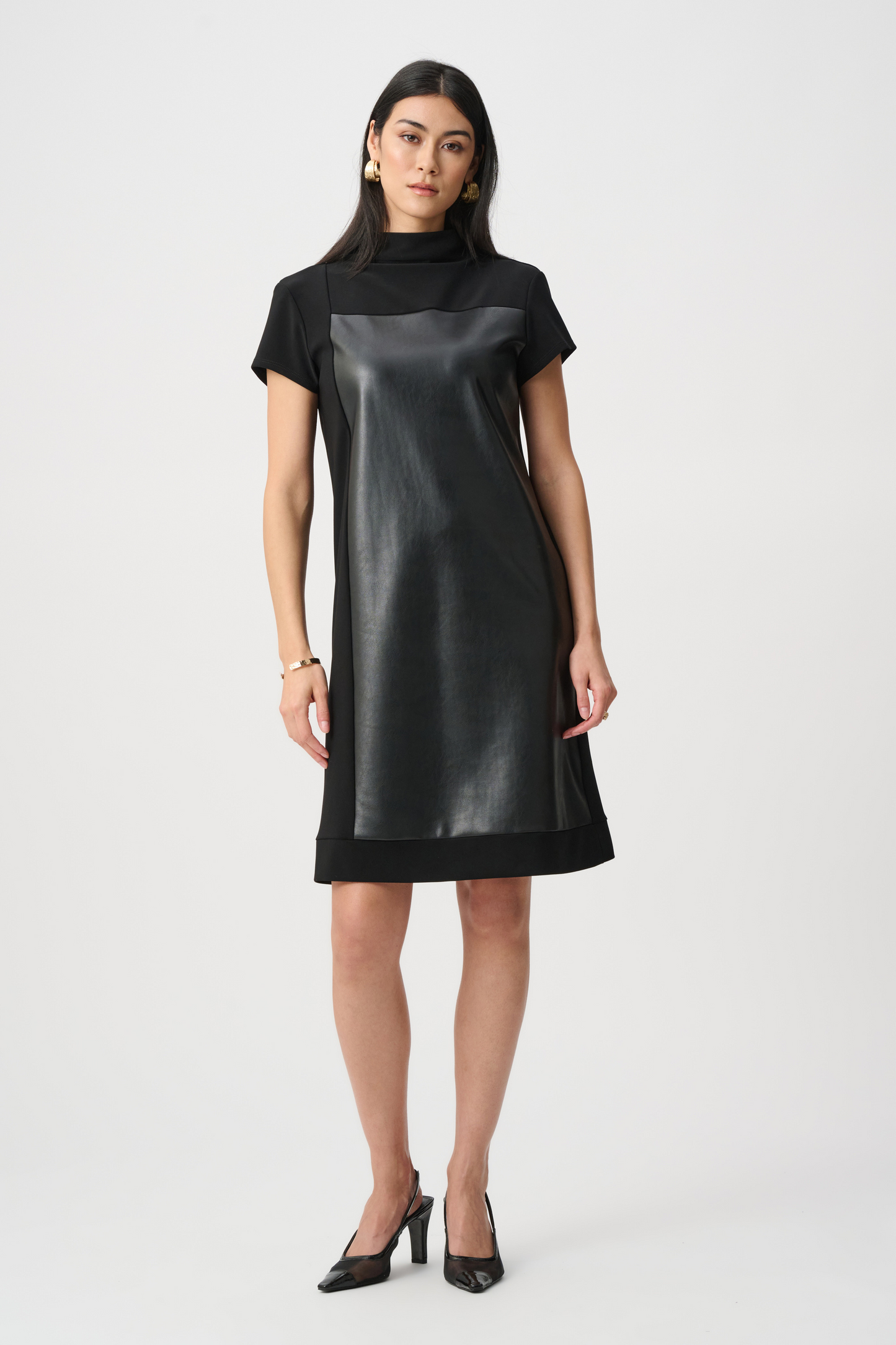 JR Leatherette and Silky Knit Mock-Neck Straight Dress