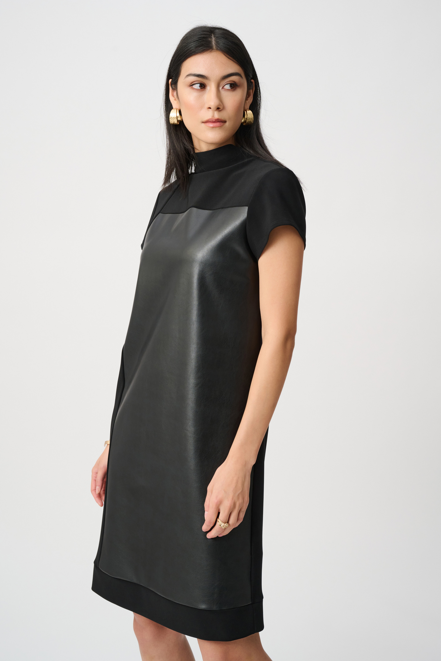 JR Leatherette and Silky Knit Mock-Neck Straight Dress