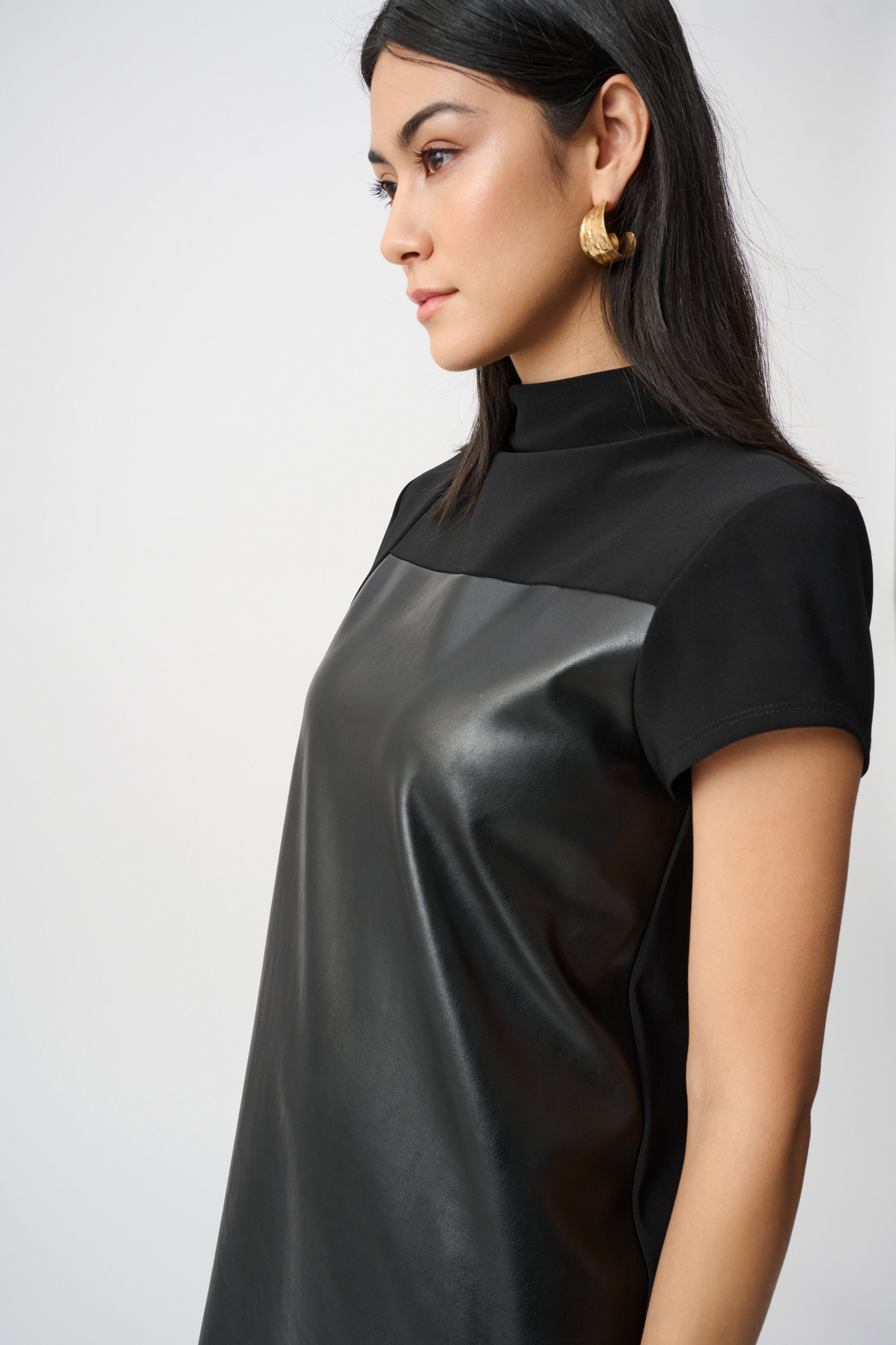 JR Leatherette and Silky Knit Mock-Neck Straight Dress