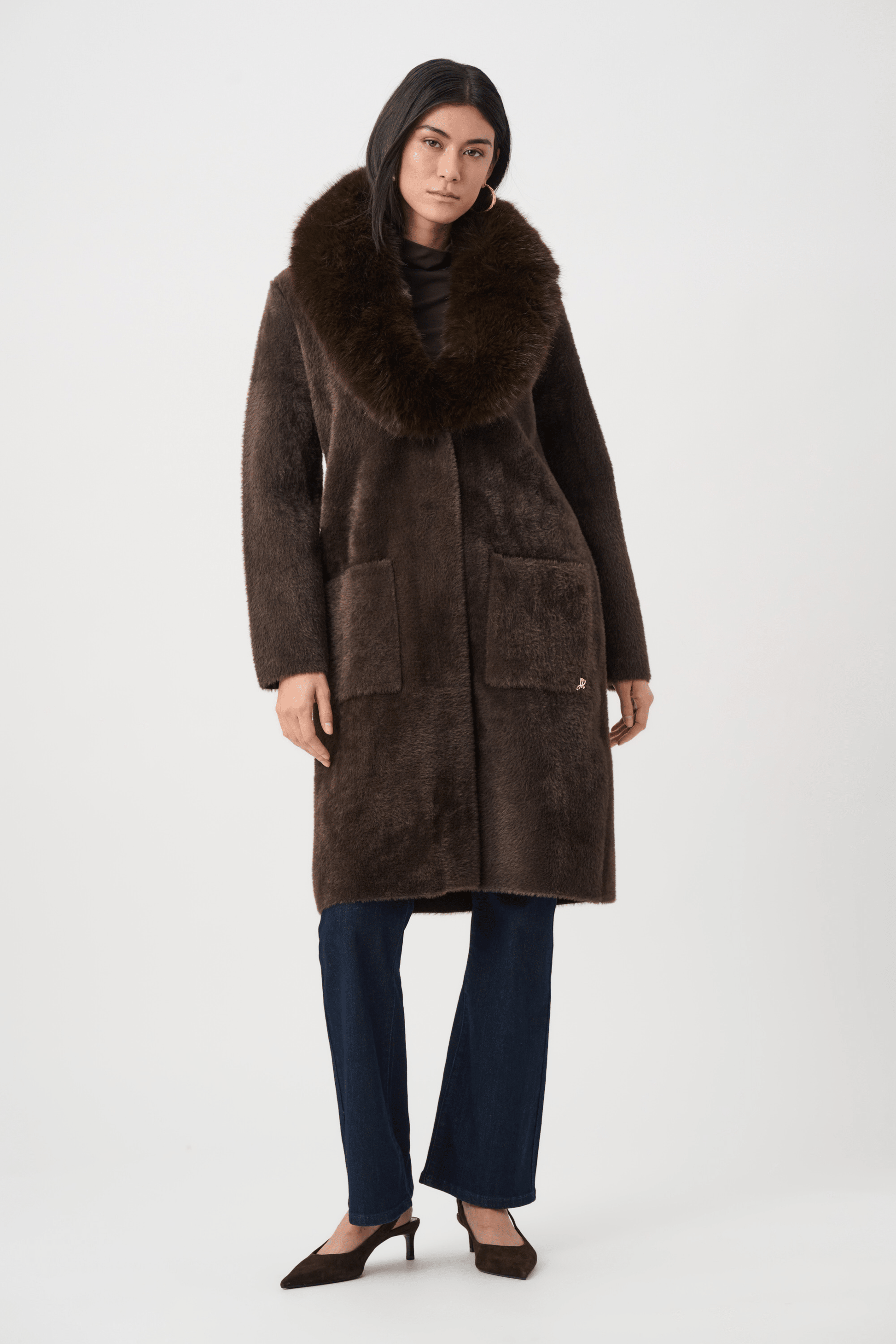 JR Feather Yarn Knit Coat with Detachable Faux Fur Collar 263973 - AtelierCoat WomenJoseph Ribkoff