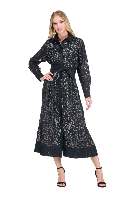 Jade Pleated Waist Black Burnout Pattern Shirtdress