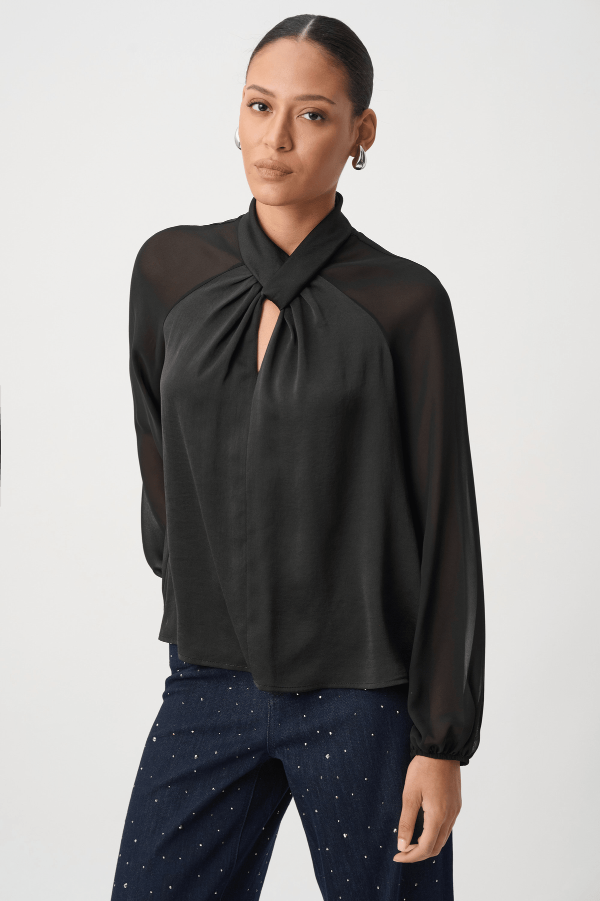 JR Satin Top with Chiffon Sleeves 264119 - AtelierTop WomenJoseph Ribkoff