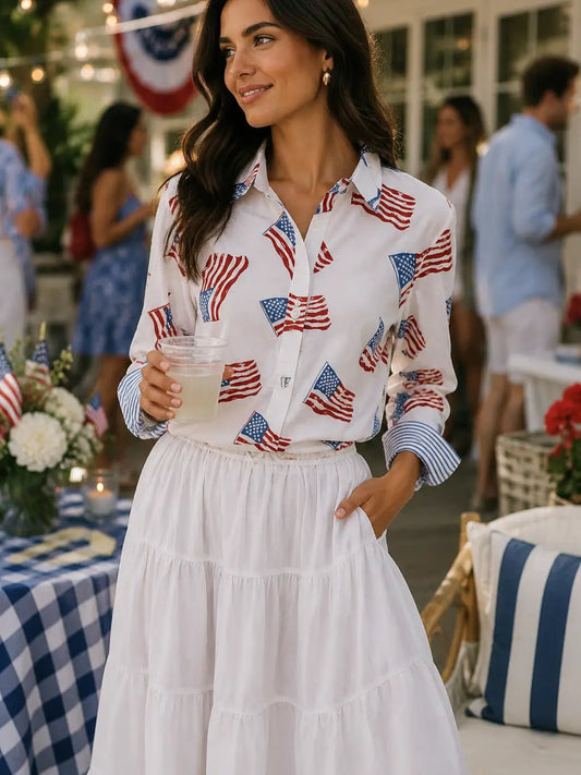 3/4 Print Flag Sleeve Blouse