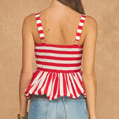 Smocked Striped Bubble Peplum Tank Top