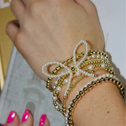 Glass Pearl Bow & Gold Bracelet
