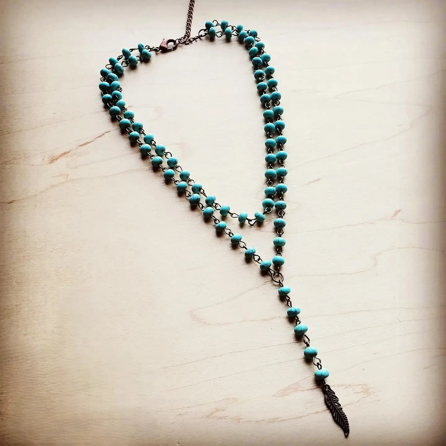 Double Strand Lariat Turquoise Necklace w/Feather