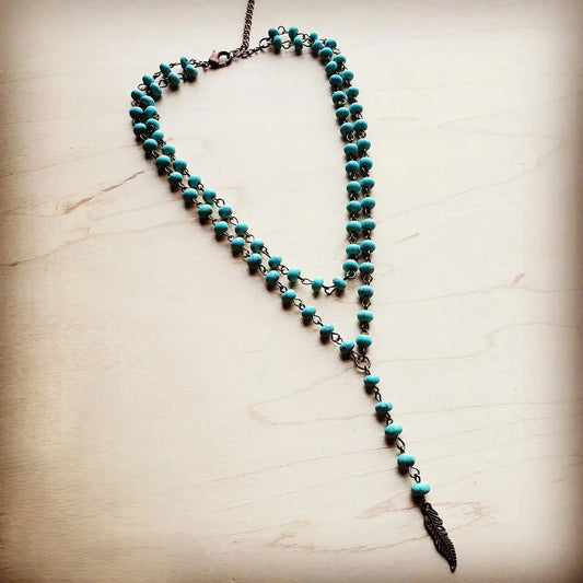 Double Strand Lariat Turquoise Necklace w/Feather