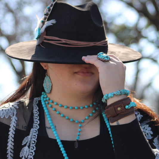 Double Strand Lariat Turquoise Necklace w/Feather