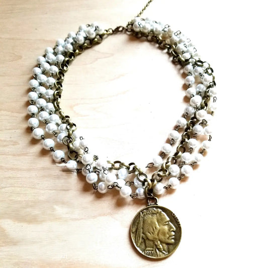 Pearl & Antique Gold Collar Length Necklace