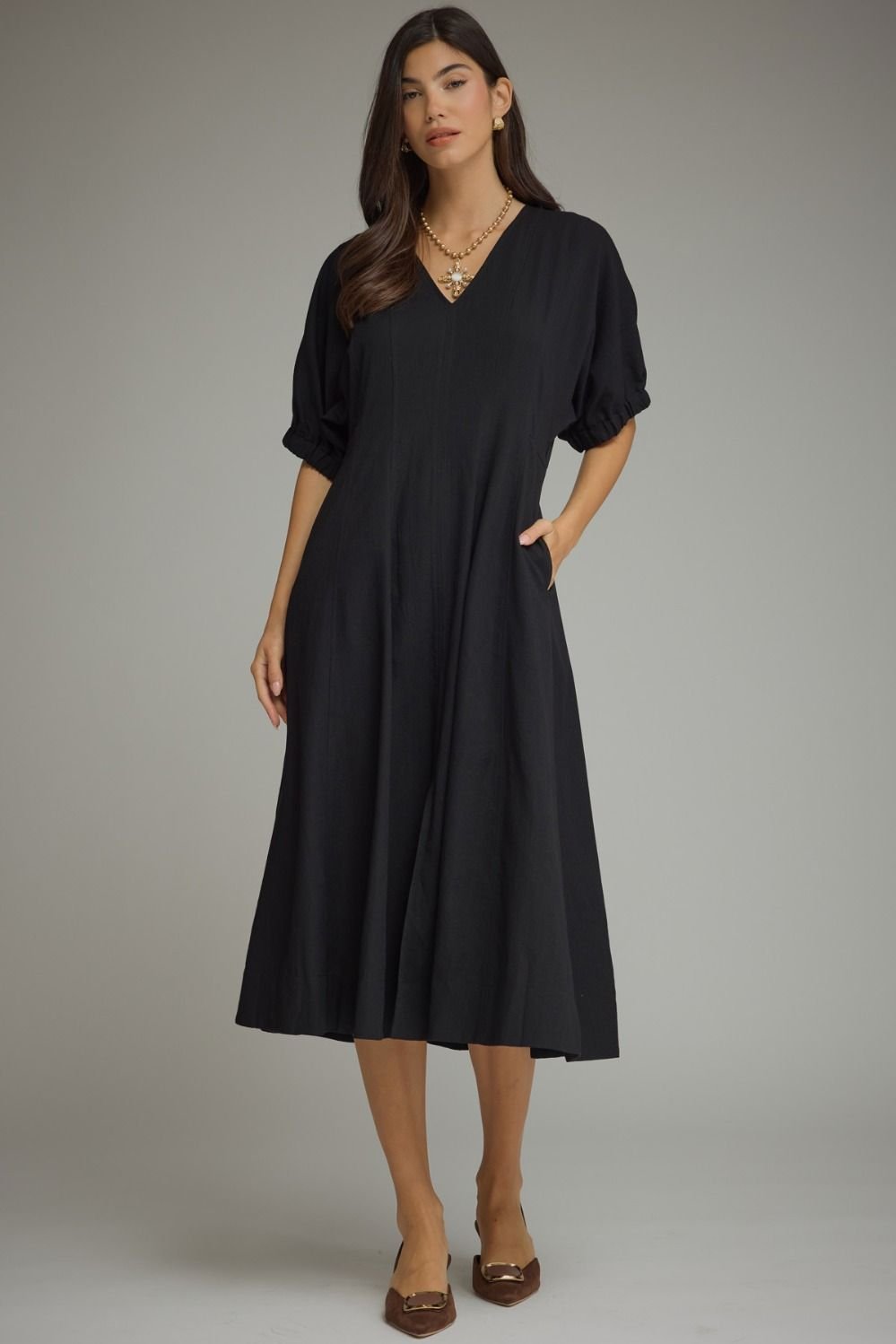 Black Puff Sleeve Midi Dress - AtelierDress WomenEntro